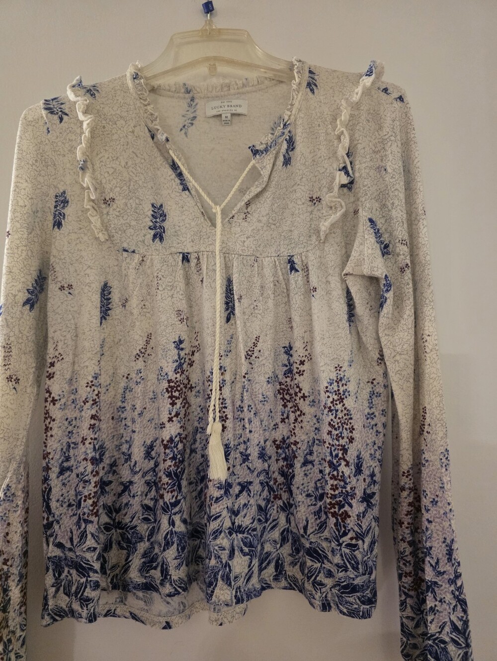 Lucky Brand Cream and Blue Floral Tie-Front Peasant Top